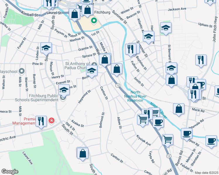 map of restaurants, bars, coffee shops, grocery stores, and more near 55 Albee Street in Fitchburg