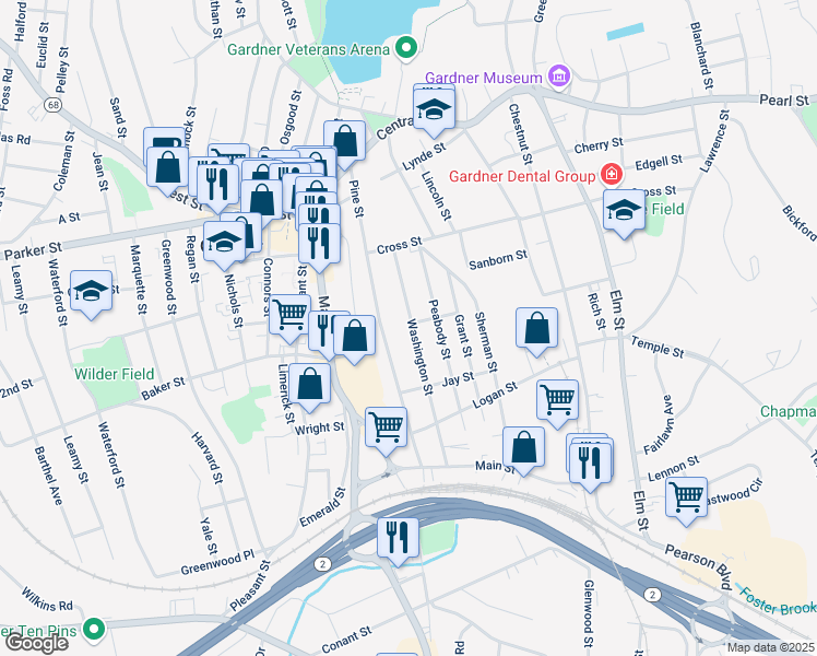 map of restaurants, bars, coffee shops, grocery stores, and more near 95 Washington Street in Gardner