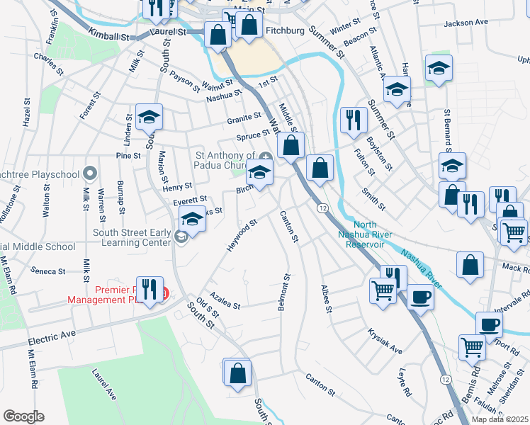 map of restaurants, bars, coffee shops, grocery stores, and more near 76 Heywood Street in Fitchburg