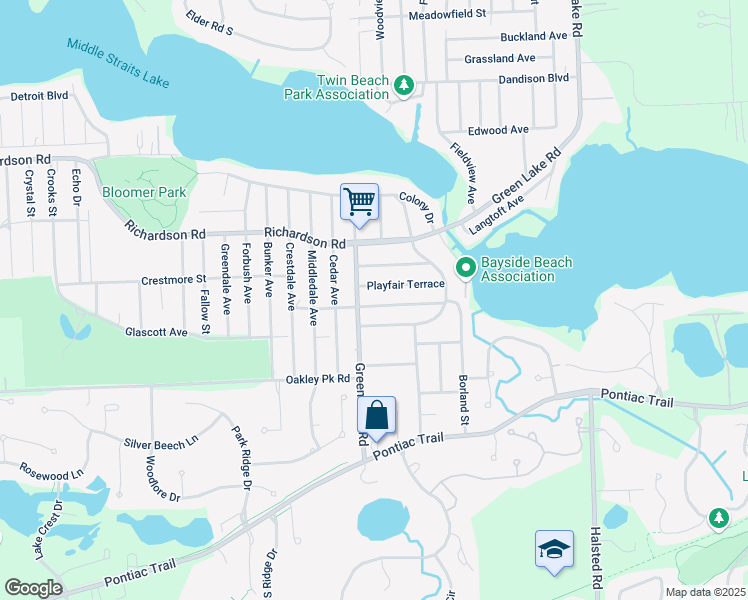 map of restaurants, bars, coffee shops, grocery stores, and more near 4369 Green Lake Road in West Bloomfield Township