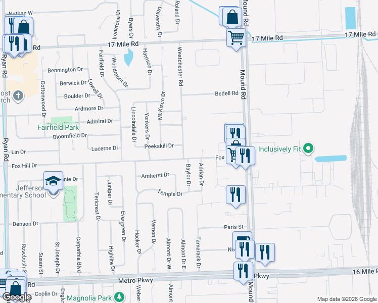 map of restaurants, bars, coffee shops, grocery stores, and more near 38146 Westchester Road in Sterling Heights