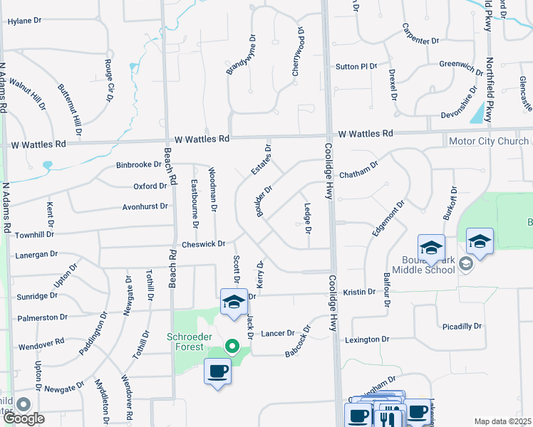 map of restaurants, bars, coffee shops, grocery stores, and more near 3820 Boulder Drive in Troy