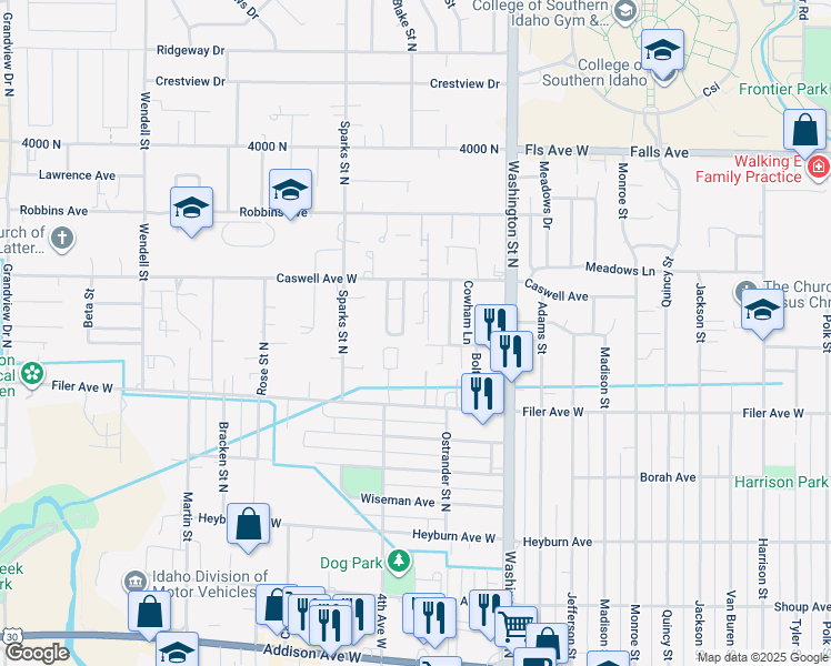 map of restaurants, bars, coffee shops, grocery stores, and more near 600-632 La Habra St in Twin Falls