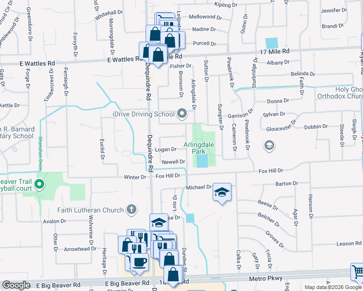 map of restaurants, bars, coffee shops, grocery stores, and more near 2155 Logan Drive in Sterling Heights