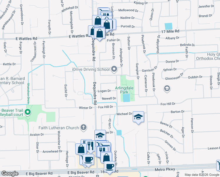 map of restaurants, bars, coffee shops, grocery stores, and more near 2155 Logan Drive in Sterling Heights