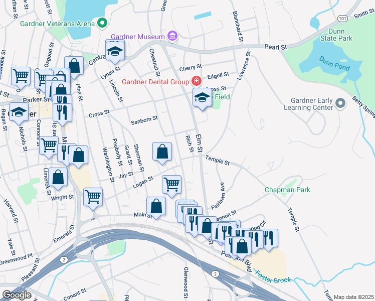 map of restaurants, bars, coffee shops, grocery stores, and more near 38 Rich Street in Gardner