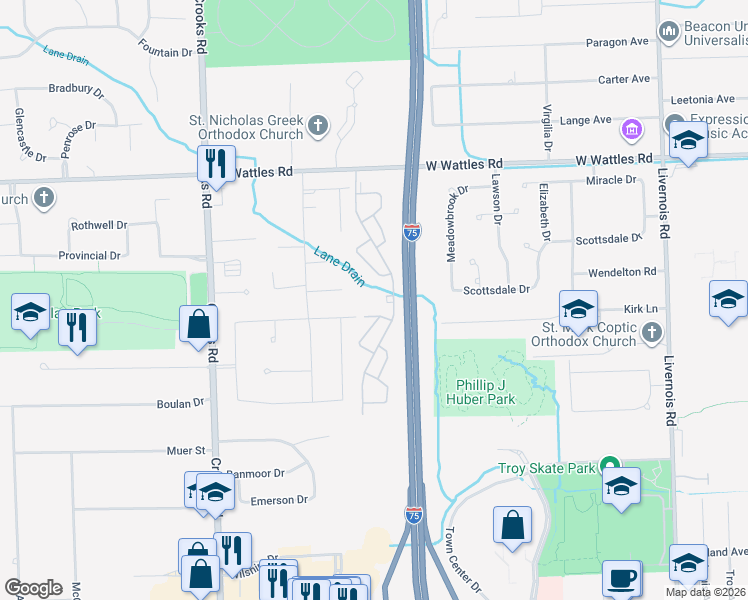 map of restaurants, bars, coffee shops, grocery stores, and more near 3749 Old Creek Road in Troy