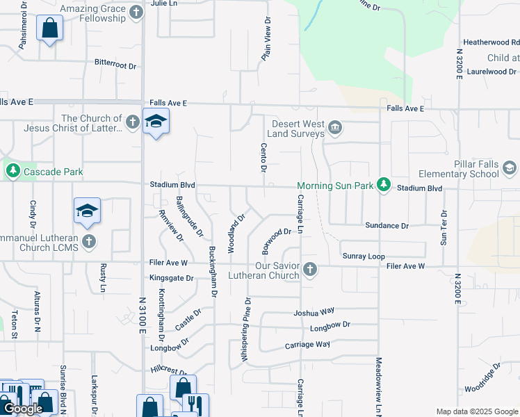 map of restaurants, bars, coffee shops, grocery stores, and more near 648 Bristlecone Drive in Twin Falls