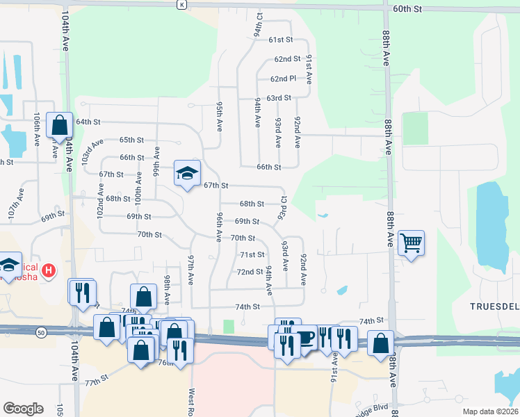 map of restaurants, bars, coffee shops, grocery stores, and more near 9417 68th Street in Kenosha