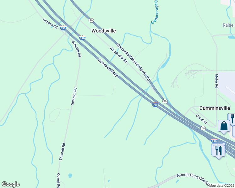 map of restaurants, bars, coffee shops, grocery stores, and more near 5322 Upper Buck Road in Dansville