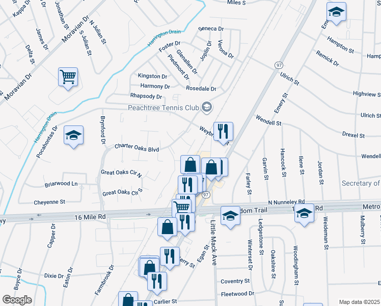 map of restaurants, bars, coffee shops, grocery stores, and more near 37730 Charter Oaks Blvd in Charter Township of Clinton