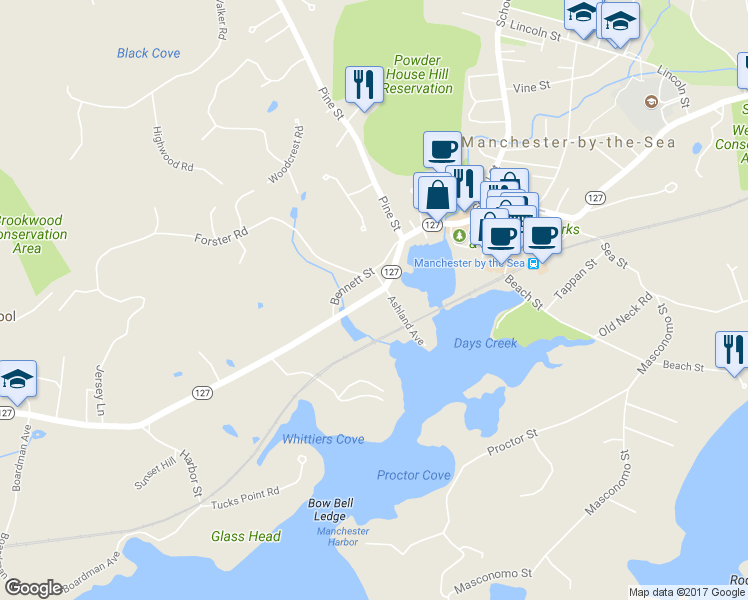 map of restaurants, bars, coffee shops, grocery stores, and more near 28 Bridge Street in Manchester-by-the-Sea