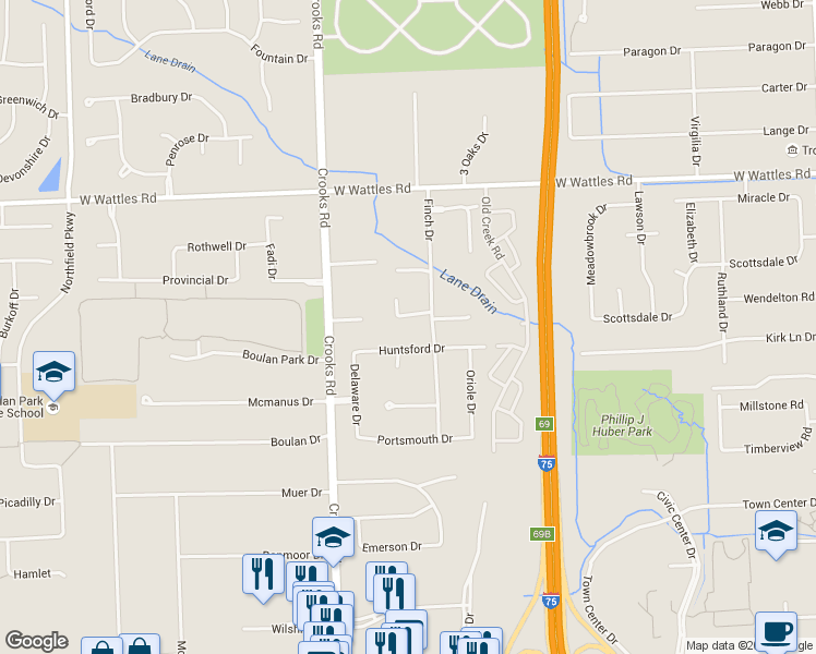 map of restaurants, bars, coffee shops, grocery stores, and more near 845 Superior Drive in Troy