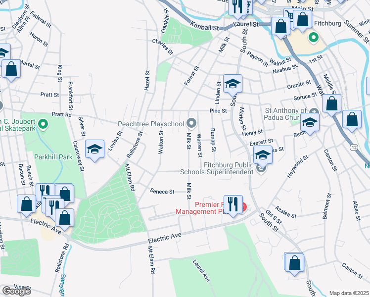 map of restaurants, bars, coffee shops, grocery stores, and more near 289 Milk Street in Fitchburg