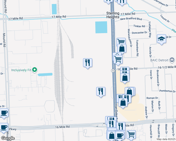 map of restaurants, bars, coffee shops, grocery stores, and more near 38111 Van Dyke Avenue in Sterling Heights