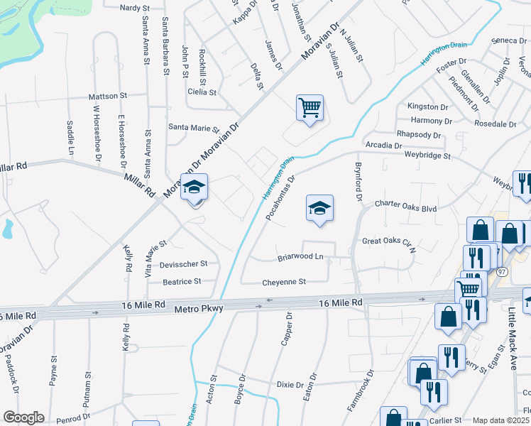 map of restaurants, bars, coffee shops, grocery stores, and more near 37621 Pocahontas Drive in Macomb County
