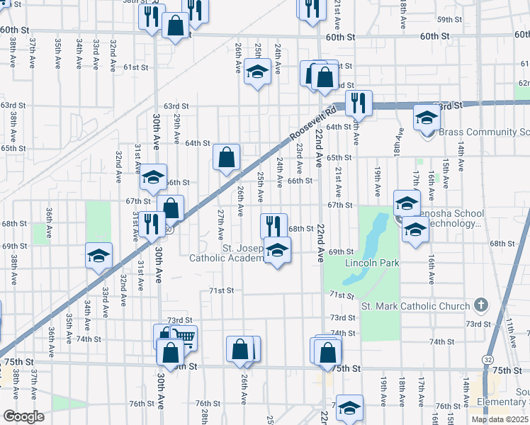 map of restaurants, bars, coffee shops, grocery stores, and more near 6709 25th Avenue in Kenosha