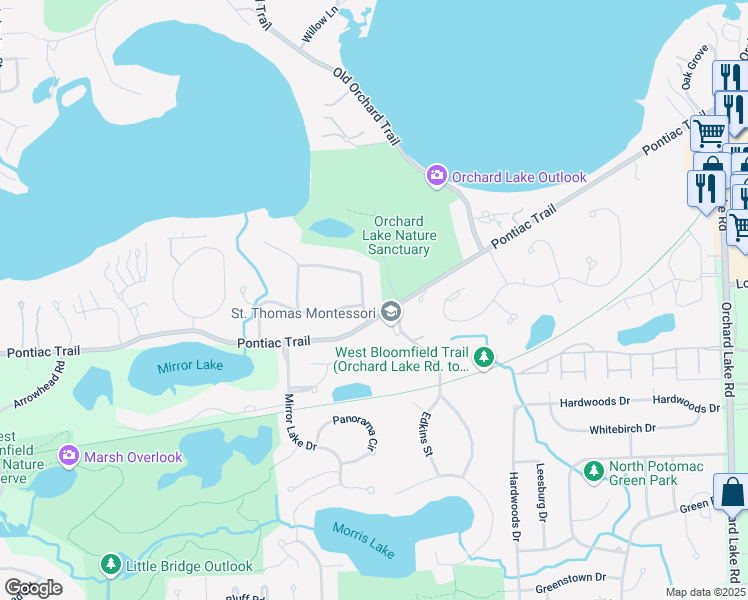 map of restaurants, bars, coffee shops, grocery stores, and more near 4489 Cranbrook Trail in Orchard Lake Village