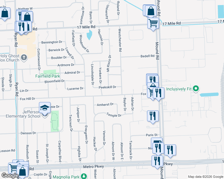 map of restaurants, bars, coffee shops, grocery stores, and more near 5216 Peekskill Drive in Sterling Heights