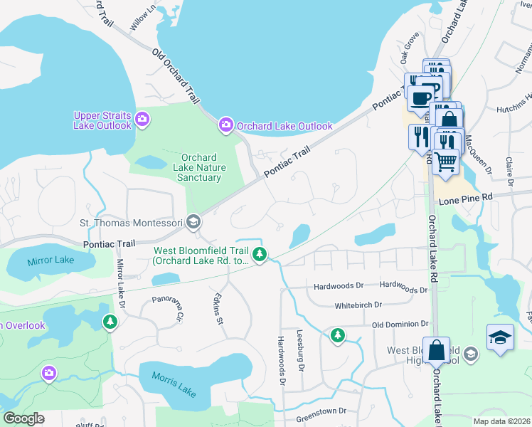 map of restaurants, bars, coffee shops, grocery stores, and more near 4375 Cherry Hill Drive West in Orchard Lake Village