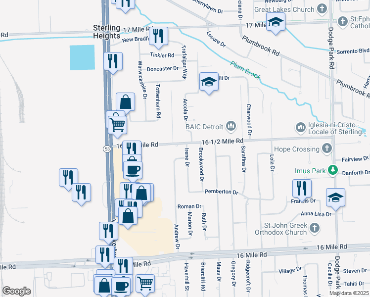 map of restaurants, bars, coffee shops, grocery stores, and more near 8644 16 1/2 Mile Road in Sterling Heights