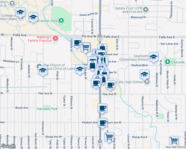 map of restaurants, bars, coffee shops, grocery stores, and more near 649 Blue Lakes Boulevard North in Twin Falls