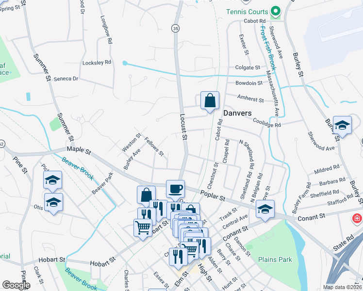 map of restaurants, bars, coffee shops, grocery stores, and more near 63 Locust Street in Danvers