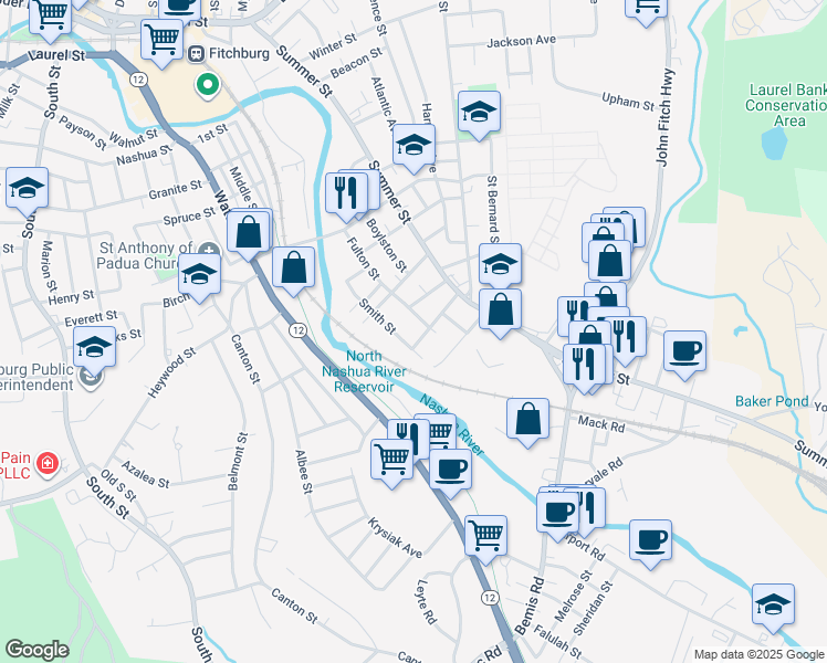 map of restaurants, bars, coffee shops, grocery stores, and more near 50 Hancock Street in Fitchburg