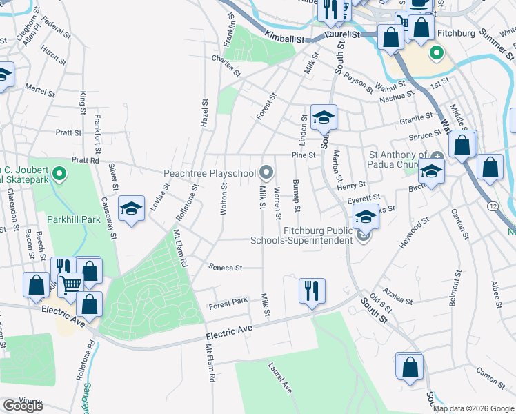 map of restaurants, bars, coffee shops, grocery stores, and more near 289 Milk Street in Fitchburg