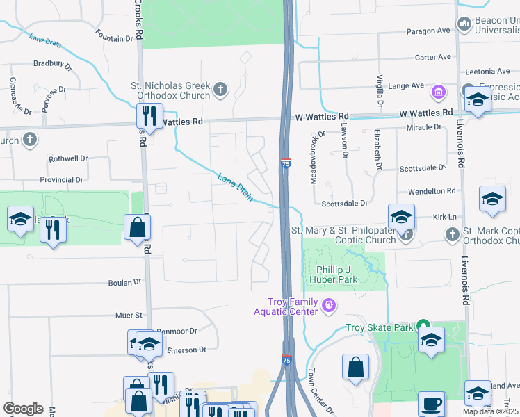 map of restaurants, bars, coffee shops, grocery stores, and more near 3749 Old Creek Road in Troy