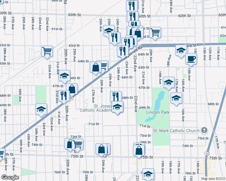 map of restaurants, bars, coffee shops, grocery stores, and more near 2409 67th Street in Kenosha