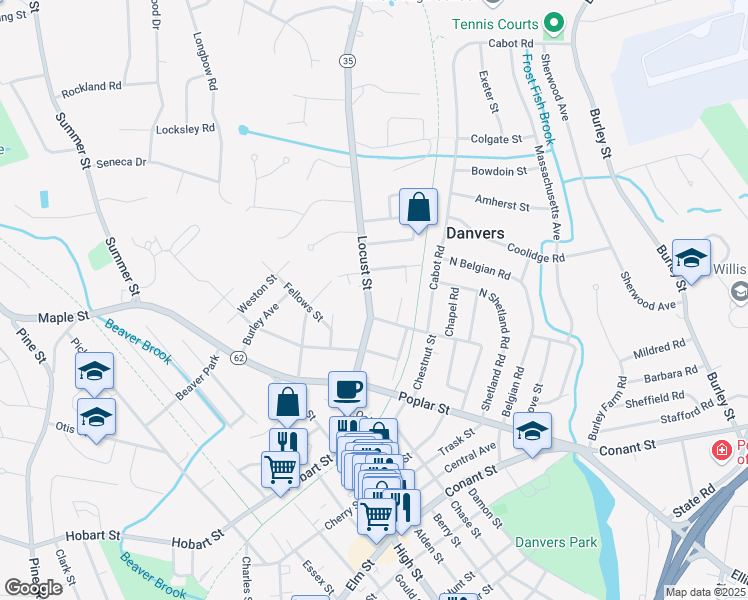 map of restaurants, bars, coffee shops, grocery stores, and more near 63 Locust Street in Danvers