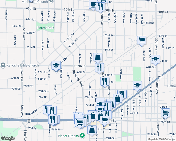 map of restaurants, bars, coffee shops, grocery stores, and more near 4212 68th Street in Kenosha