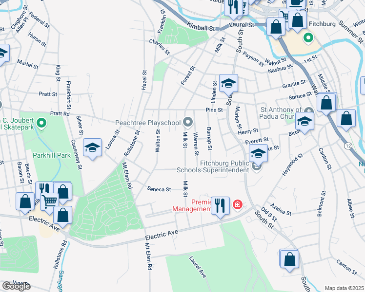 map of restaurants, bars, coffee shops, grocery stores, and more near 289 Milk Street in Fitchburg