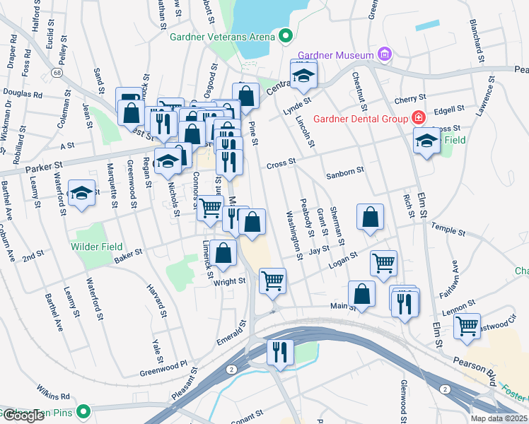 map of restaurants, bars, coffee shops, grocery stores, and more near 197 Pine Street in Gardner