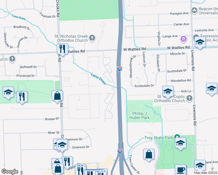 map of restaurants, bars, coffee shops, grocery stores, and more near 3749 Old Creek Road in Troy