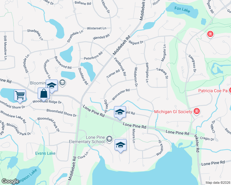 map of restaurants, bars, coffee shops, grocery stores, and more near 2530 Worcester Road in West Bloomfield Township