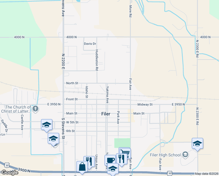 map of restaurants, bars, coffee shops, grocery stores, and more near 103 Yakima Avenue in Filer