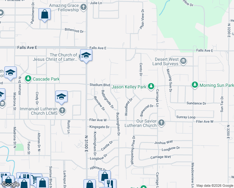 map of restaurants, bars, coffee shops, grocery stores, and more near 2364 Twin Oaks Park in Twin Falls