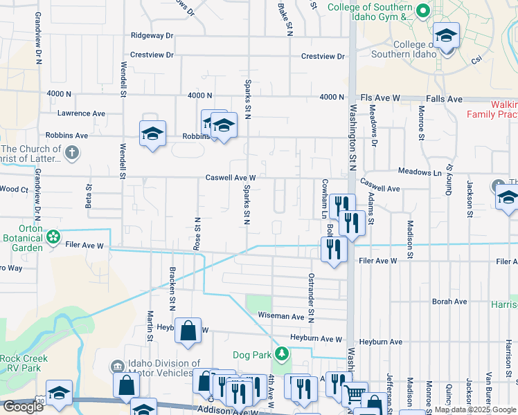 map of restaurants, bars, coffee shops, grocery stores, and more near 630 Sparks Street North in Twin Falls