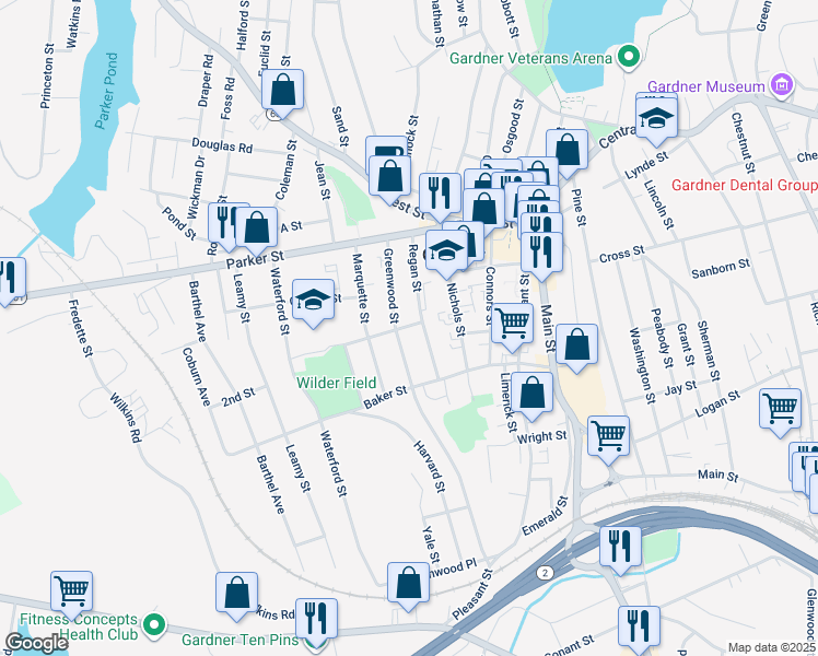 map of restaurants, bars, coffee shops, grocery stores, and more near 13 Moran Street in Gardner
