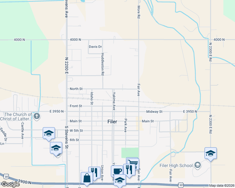 map of restaurants, bars, coffee shops, grocery stores, and more near 103 Yakima Avenue in Filer