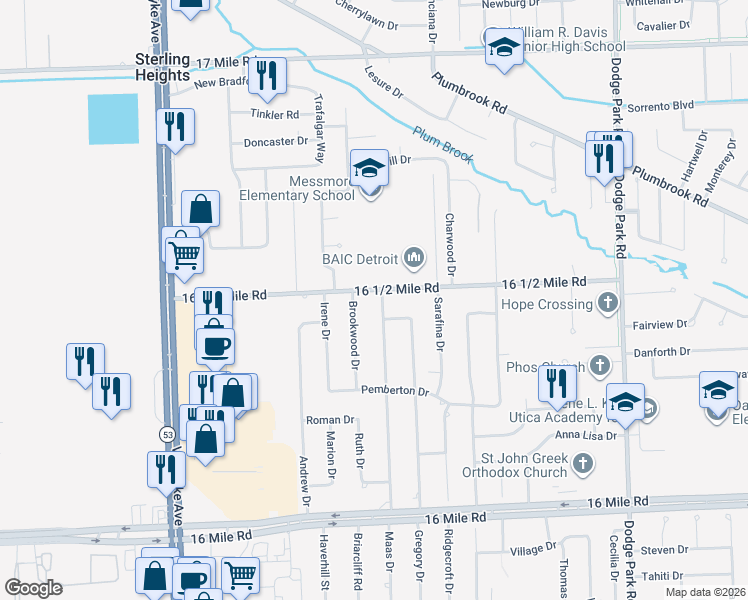 map of restaurants, bars, coffee shops, grocery stores, and more near 11002 16 1/2 Mile Road in Sterling Heights