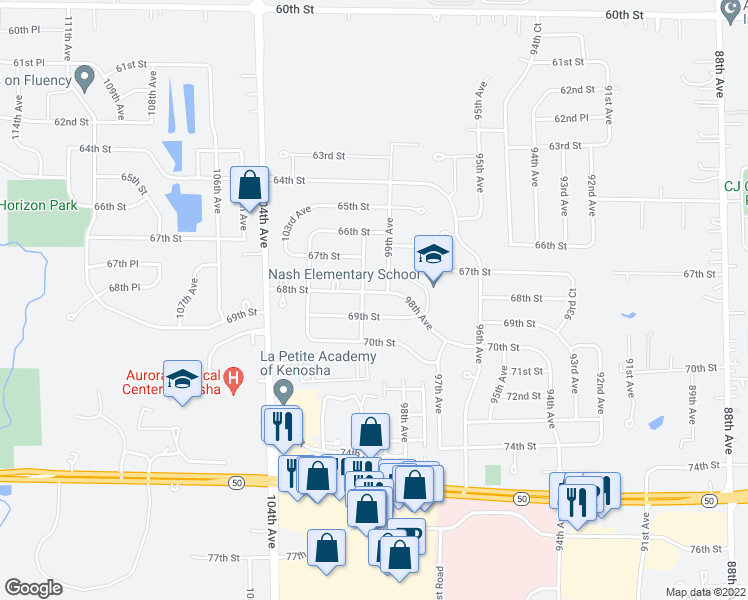 map of restaurants, bars, coffee shops, grocery stores, and more near 10005 68th Street in Kenosha