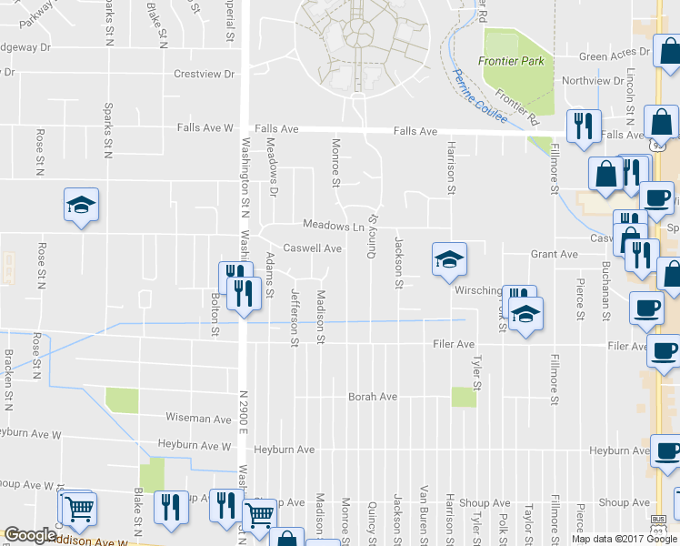 map of restaurants, bars, coffee shops, grocery stores, and more near 635 Monroe Street in Twin Falls