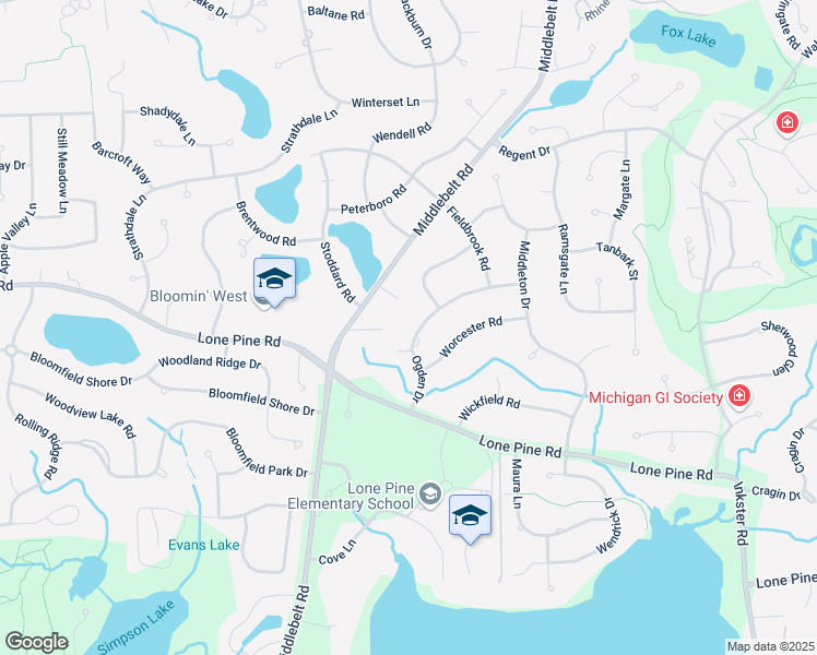 map of restaurants, bars, coffee shops, grocery stores, and more near 2554 Ogden Drive in West Bloomfield Township