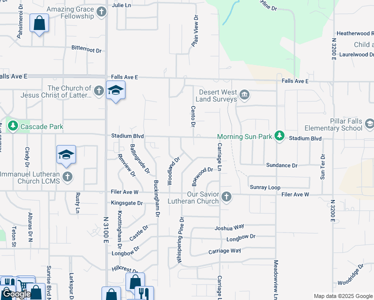 map of restaurants, bars, coffee shops, grocery stores, and more near 648 Bristlecone Drive in Twin Falls