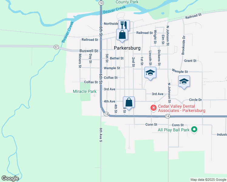 map of restaurants, bars, coffee shops, grocery stores, and more near 701 4th Street in Parkersburg