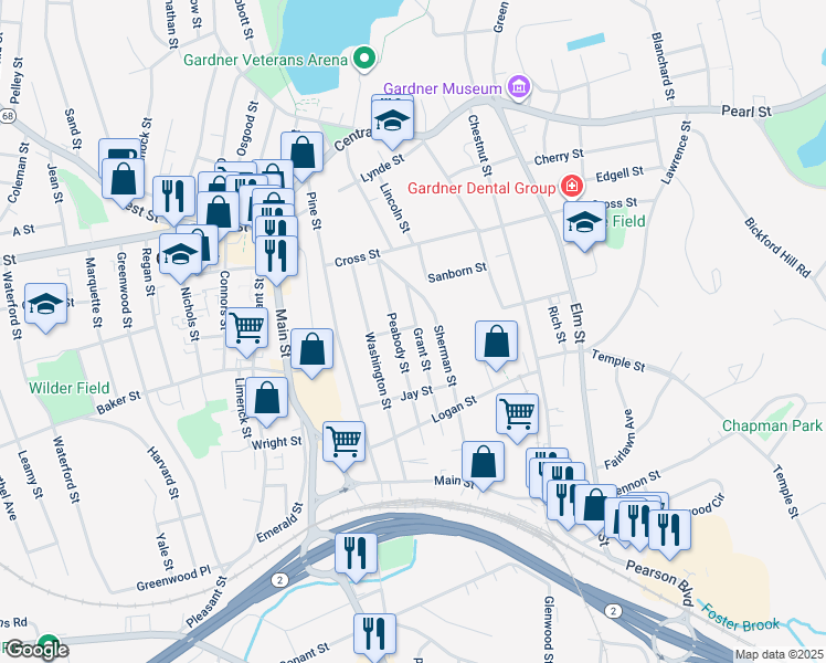 map of restaurants, bars, coffee shops, grocery stores, and more near 76 Grant Street in Gardner