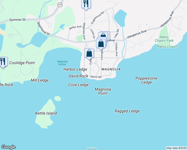 map of restaurants, bars, coffee shops, grocery stores, and more near 31 Shore Road in Gloucester